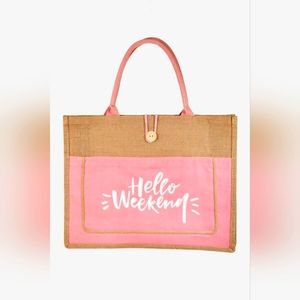 Fame Hello Weekend Burlap Tote Bag
